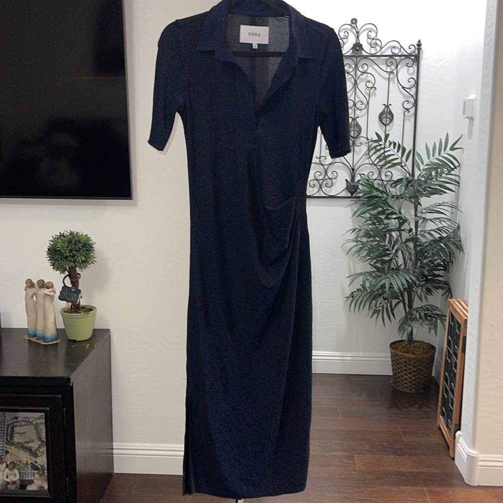 PISTOLA Vita Polo Dress Navy Shimmer Midi Short Sleeve Side Gather, Slits Sz S - Picture 6 of 15